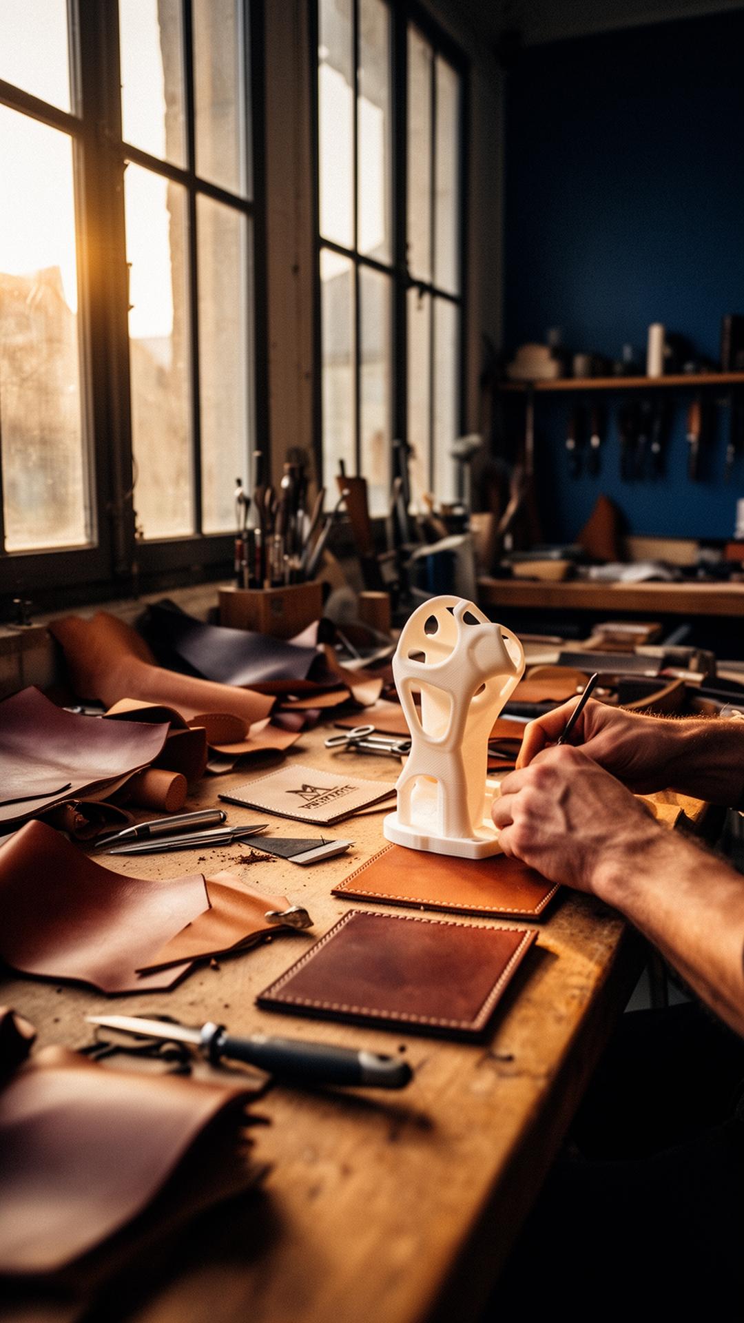 Atelier henrybacon.design à Rennes — mains au travail, cuir, prototype 3D